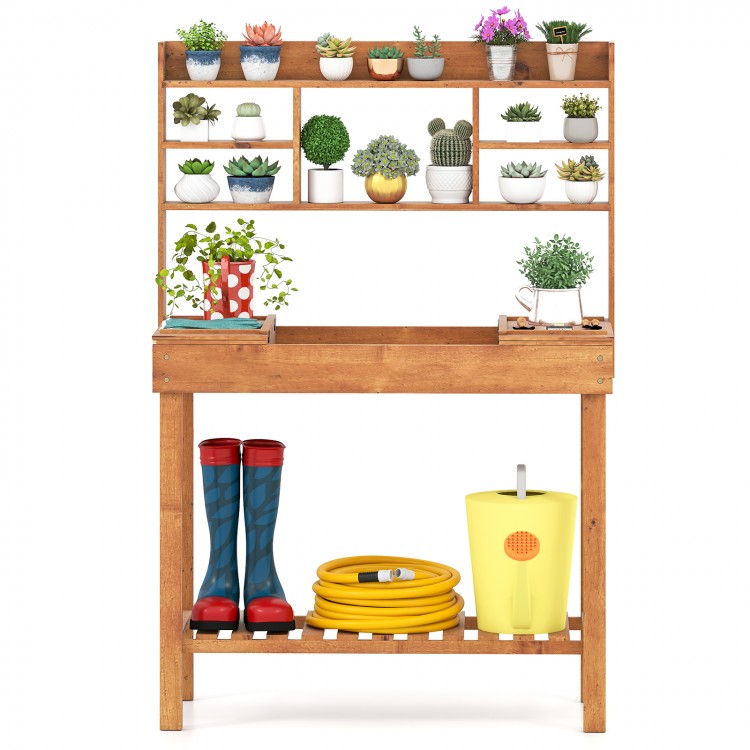 Wooden potting bench with 3-tier open shelf, sturdy construction, and flip-up tabletop for gardening tasks in brown.