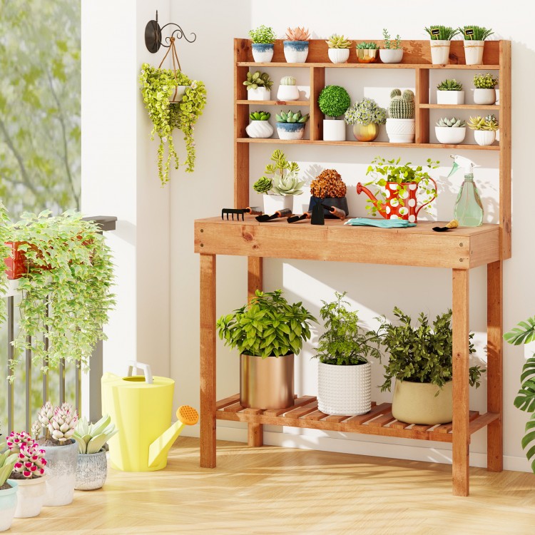 Wooden potting bench table with 3-tier open shelf, perfect for gardening tasks in patios or indoor spaces.