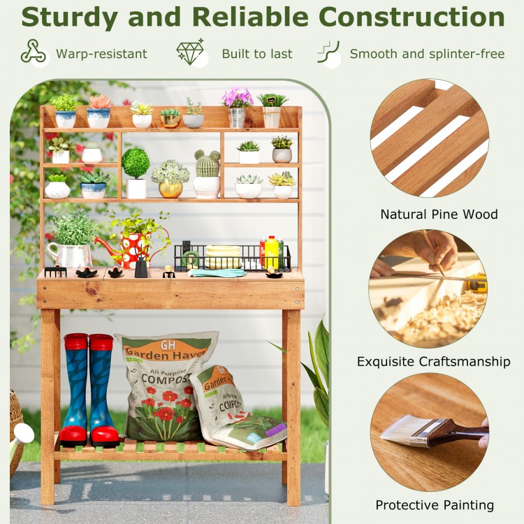 Wooden potting bench table in brown with 3-tier shelf, sturdy pine wood, ideal for gardening tasks and storage.