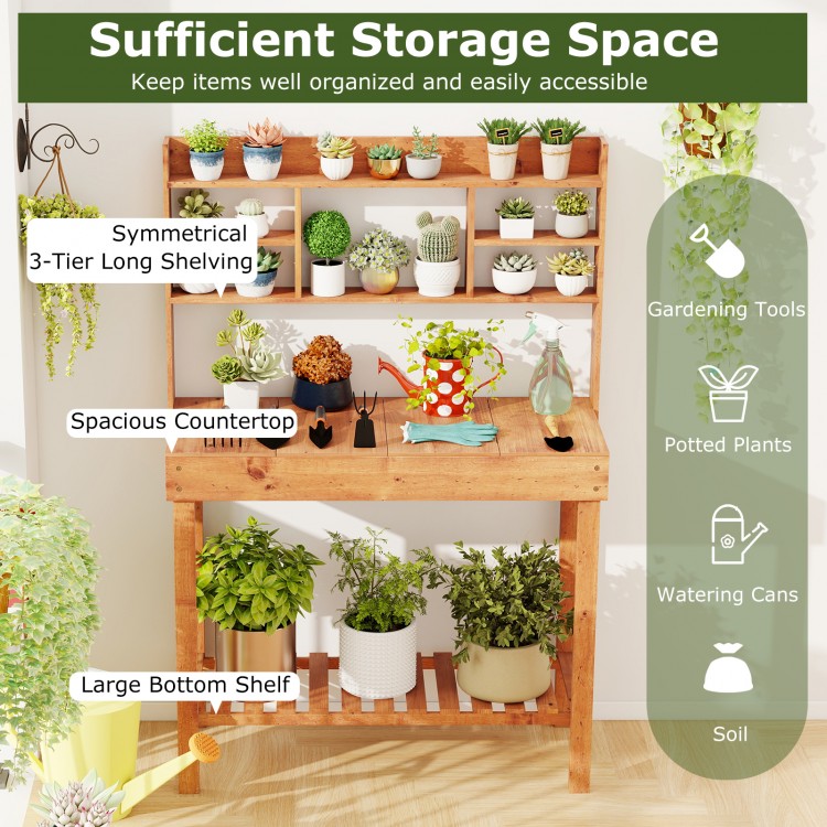 Wooden potting bench table with a 3-tier open shelf, spacious countertop, and large bottom shelf for gardening tools.