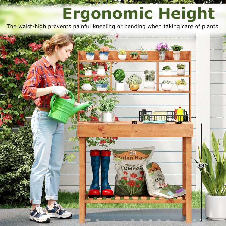Wooden potting bench workstation with 3-tier shelf, ergonomic height, and flip-up tabletop for gardening tasks.