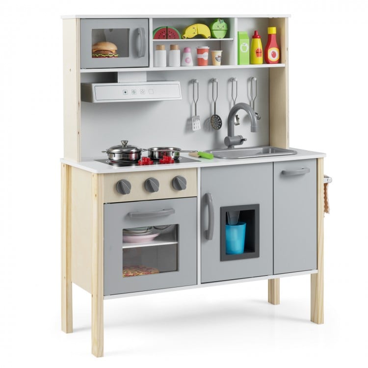 Wooden pretend play kitchen set for toddlers in gray with stove, sink, and storage, perfect for imaginative play.
