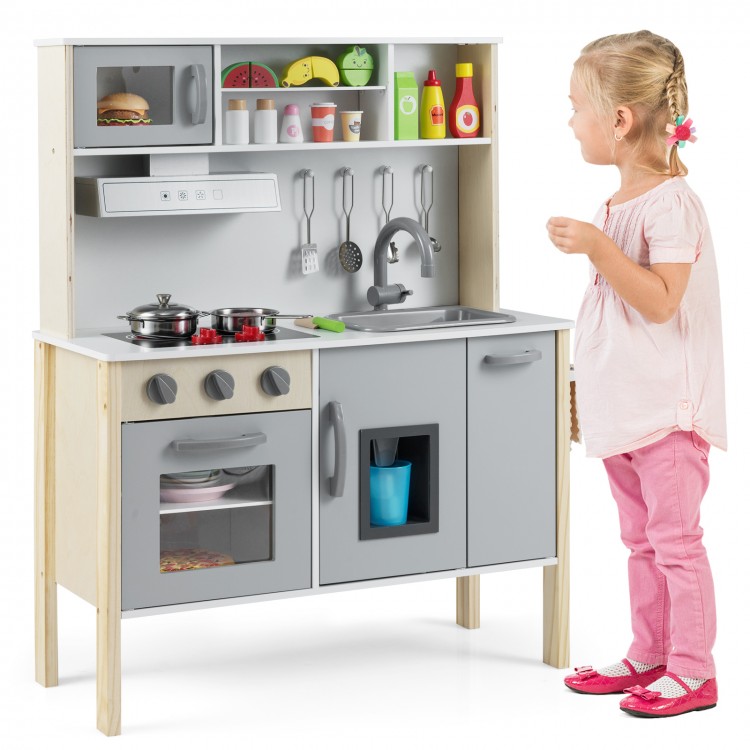 Wooden pretend play kitchen set in gray with removable sink, stove, and accessories for toddlers aged 3-6 years.