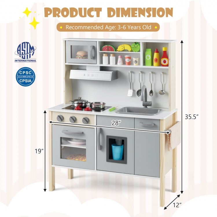 Wooden pretend play kitchen set for toddlers in gray, featuring a microwave, oven, and removable sink for imaginative.