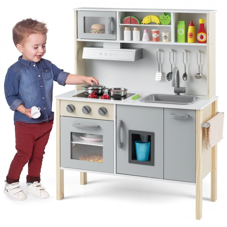 Wooden pretend play kitchen set for toddlers in gray with stove, sink, and storage, promoting imaginative play and.
