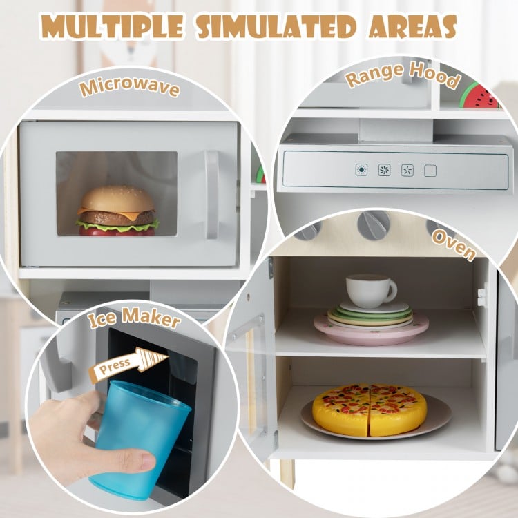 Wooden pretend play kitchen set for toddlers featuring a microwave, oven, and ice maker for imaginative play.