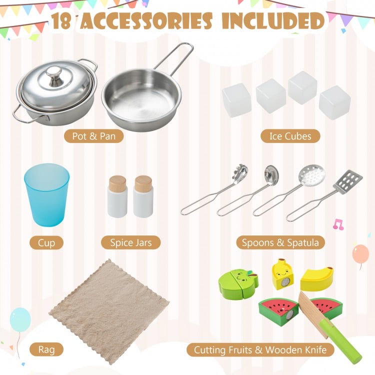 Wooden pretend play kitchen accessories including pot, pan, spice jars, and cutting fruits for toddlers' imaginative.