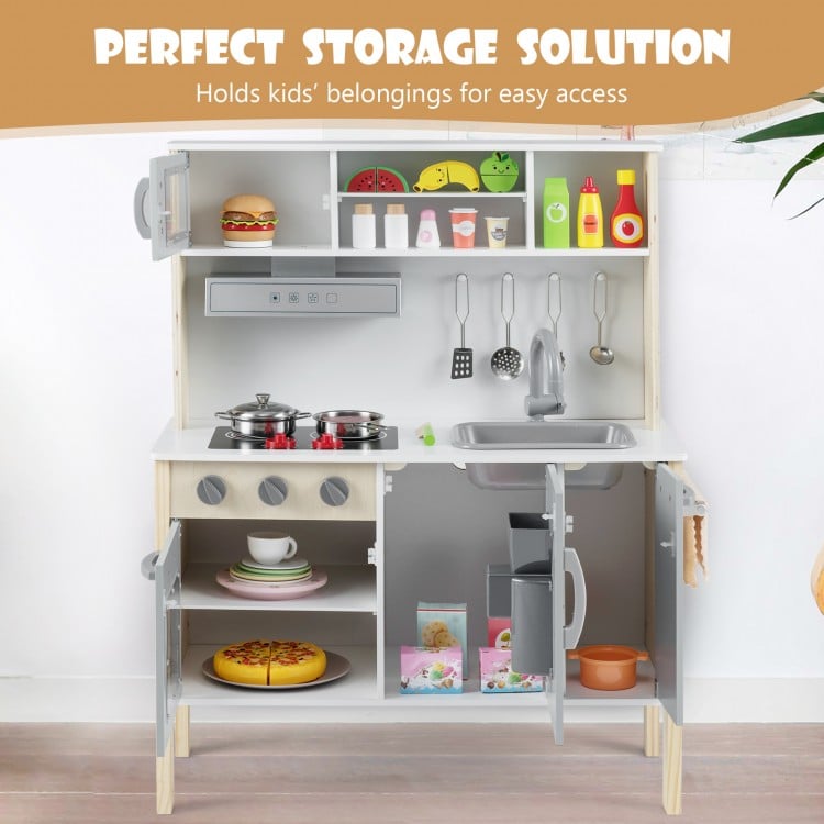 Wooden pretend play kitchen set for toddlers in gray, featuring storage, sink, and cooking accessories for imaginative.