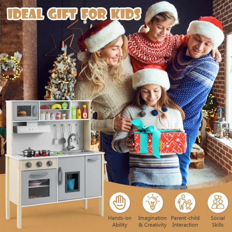 Wooden pretend play kitchen set for toddlers in gray with realistic features, promoting creativity and social skills.