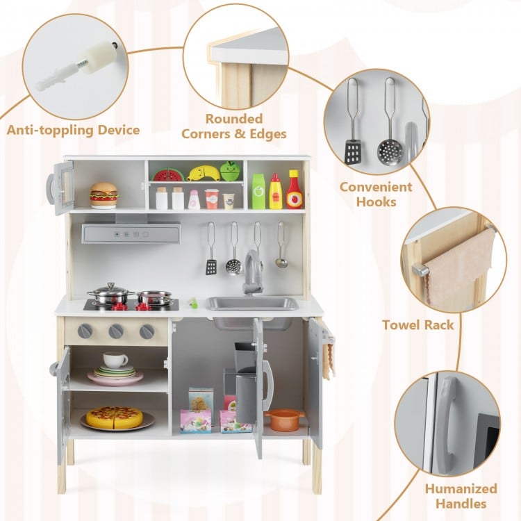 Wooden pretend play kitchen set for toddlers in gray, featuring a removable sink, hooks, and anti-toppling device for.