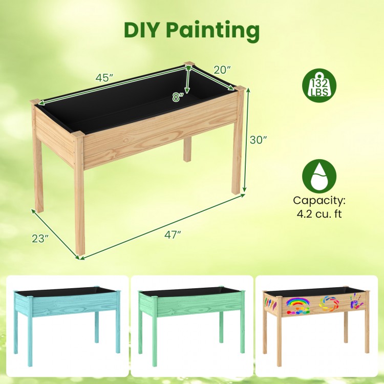 Wooden raised vegetable garden bed with 4 ft length, 30" height, and 4.2 cu. ft capacity, ideal for backyard planting.
