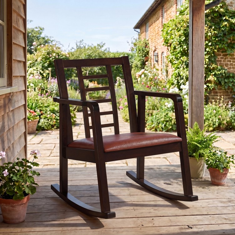 Classic brown wooden rocking chair with upholstered seat and ladder back, perfect for relaxing in the living room.