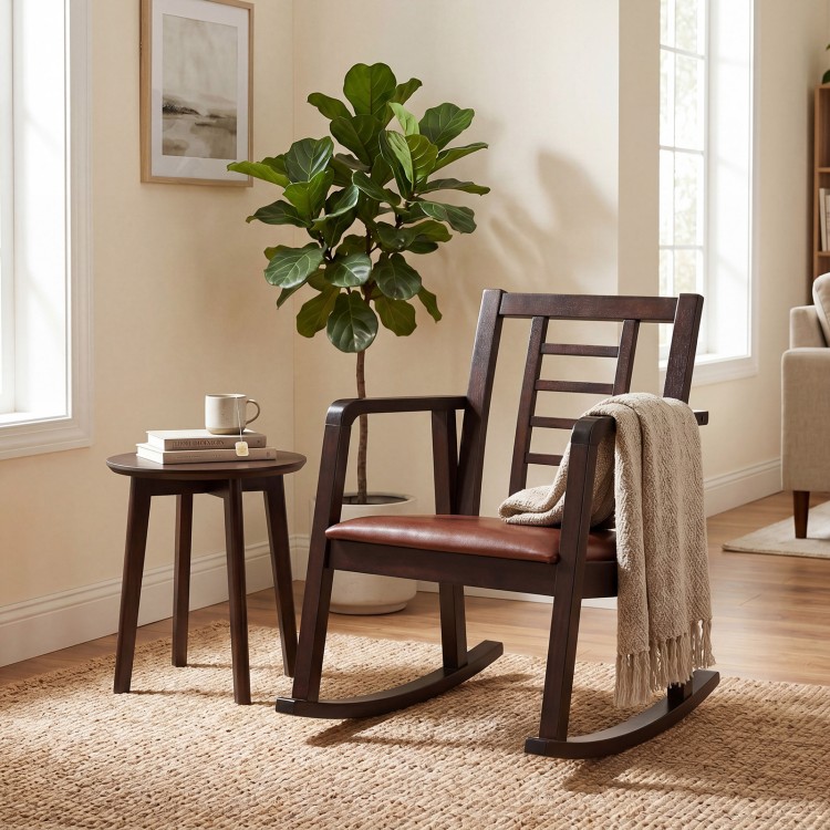 Wooden rocking chair with upholstered seat and ladder back design for comfortable relaxation in the living room.