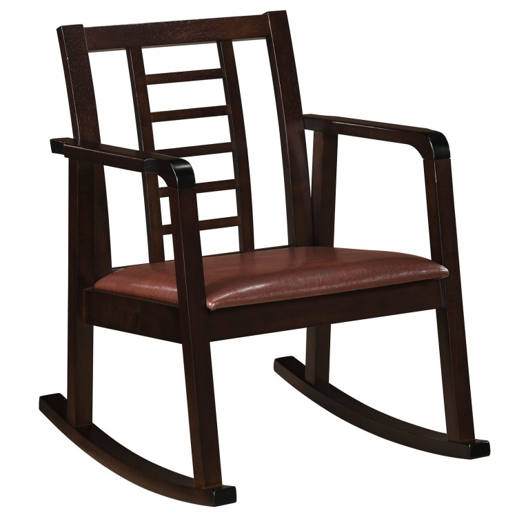Wooden rocking chair with upholstered seat and ladder back design, offering stability and retro elegance for living rooms.
