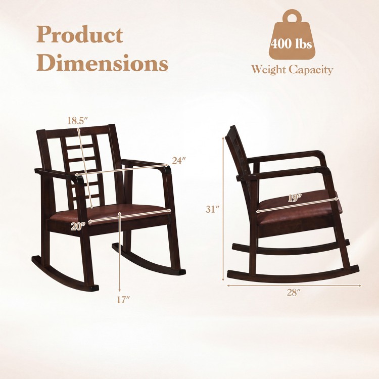 Wooden rocking chair with upholstered seat and ladder back, featuring a sturdy design and 400 lbs weight capacity for living room comfort.
