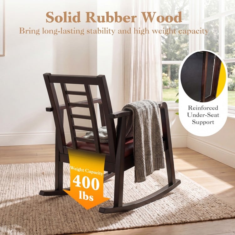 Wooden rocking chair with upholstered seat, solid rubber wood, and reinforced support, perfect for living room relaxation.