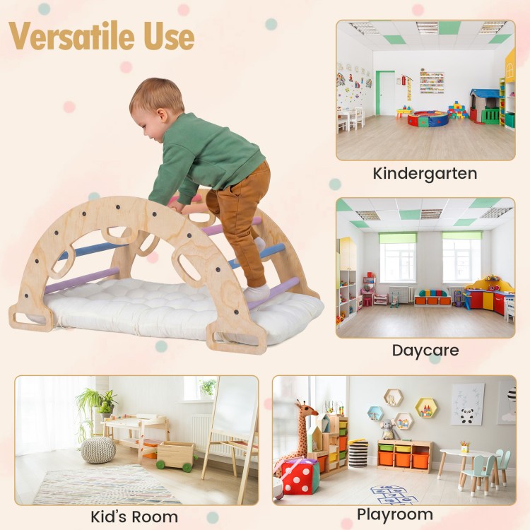 Wooden rocking climbing arch with cushion, multicolor, ideal for kids' playrooms, daycares, and kindergartens.