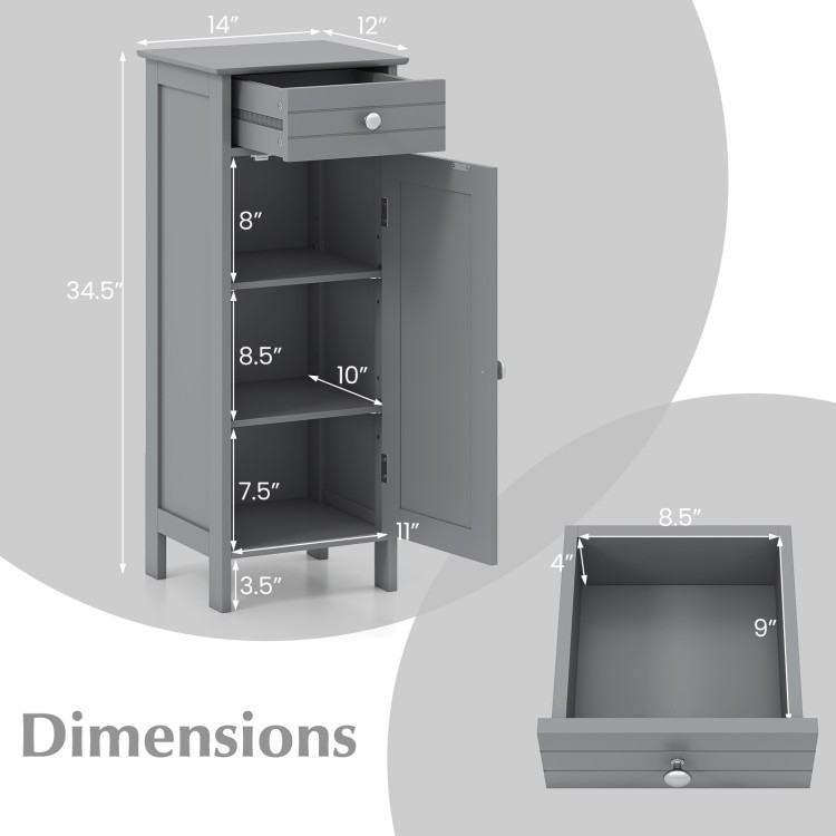 Gray wooden storage cabinet with drawer and adjustable shelves, ideal for bathroom or living room organization.