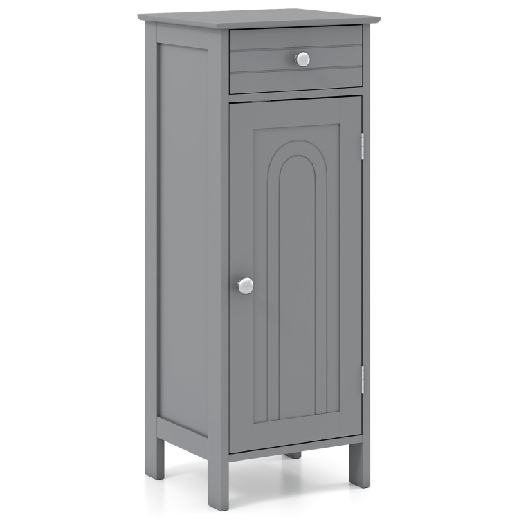 Gray wooden storage cabinet featuring a drawer and single-door with adjustable shelves, perfect for any room.