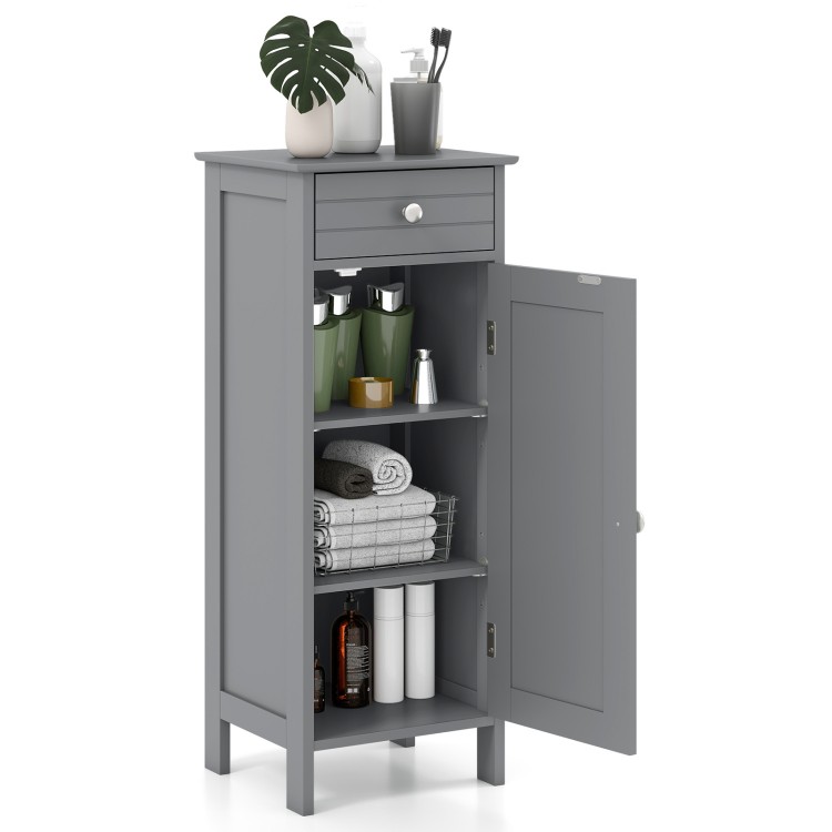 Gray wooden storage cabinet with a drawer and adjustable shelves, perfect for bathroom or living room organization.
