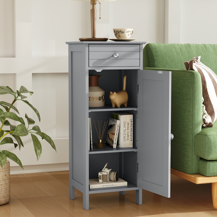Gray wooden storage cabinet featuring a drawer and adjustable shelves, perfect for living room or bedroom organization.