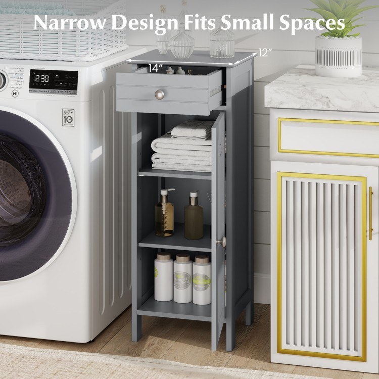 Gray wooden storage cabinet with a drawer and adjustable shelves, perfect for small spaces in bathrooms or living rooms.