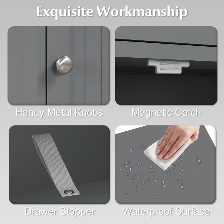 Close-up of the gray wooden storage cabinet features, showcasing metal knobs, waterproof surface, and drawer stopper.