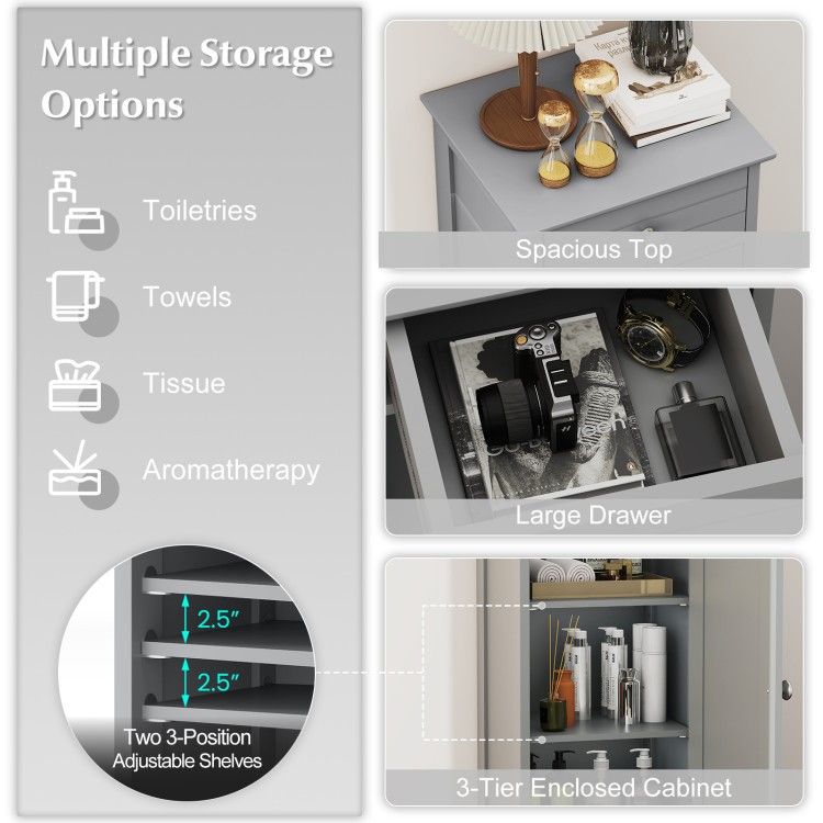 Gray wooden storage cabinet featuring a large drawer and adjustable shelves, perfect for bathroom or living room use.