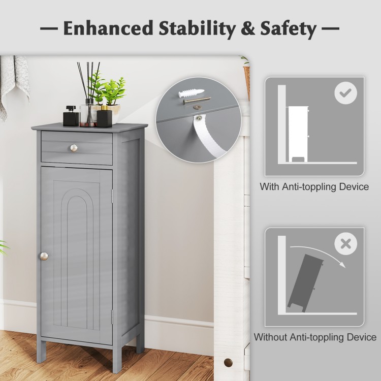 Gray wooden storage cabinet featuring a drawer and adjustable shelves, designed with an anti-tipping device for safety.