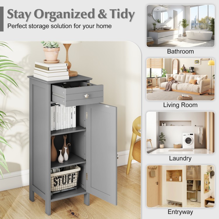 Gray wooden storage cabinet featuring a drawer and adjustable shelves, perfect for organizing any room in your home.