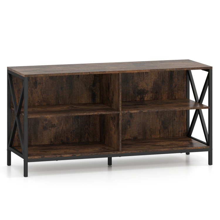 Rustic brown wooden TV stand with X-shaped frame, open compartments for storage, suitable for TVs up to 55 inches.