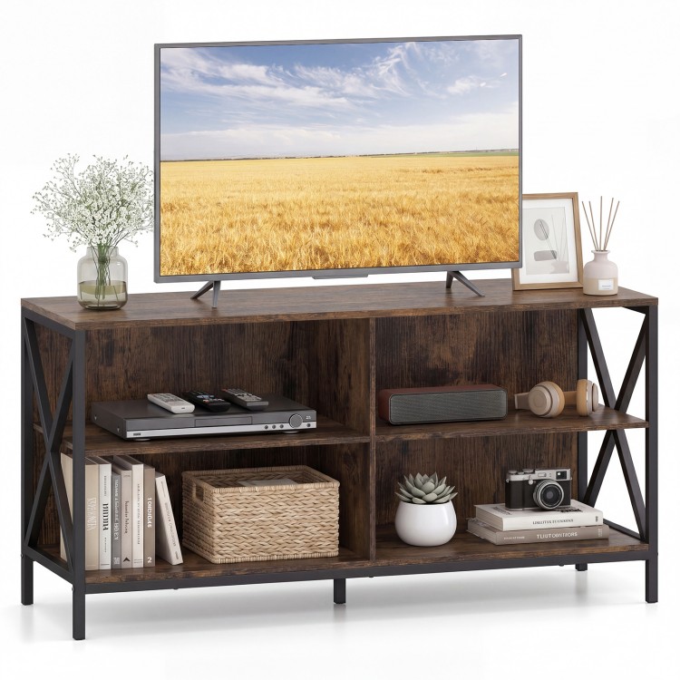 Wooden TV stand in rustic brown with open compartments, supporting TVs up to 55 inches, ideal for modern home decor.