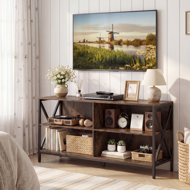 Wooden TV stand in rustic brown with open compartments, designed for TVs up to 55 inches, perfect for modern home decor.