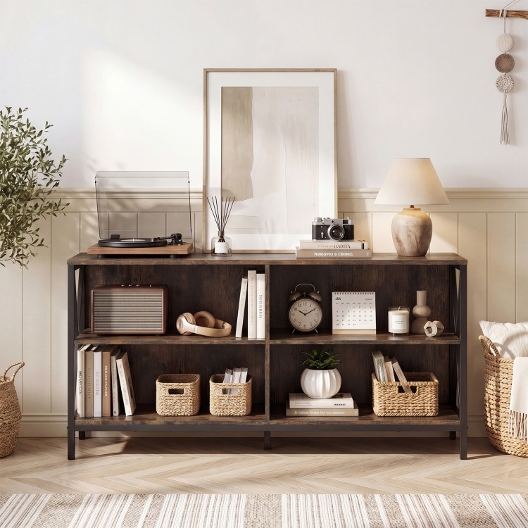 Wooden TV stand in rustic brown with open compartments, designed for TVs up to 55 inches, perfect for modern decor.
