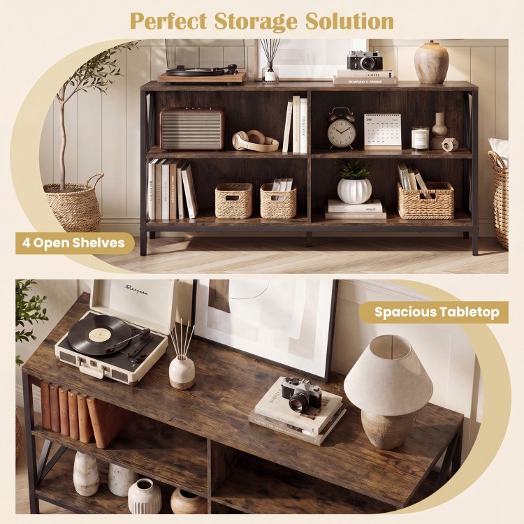 Wooden TV stand in rustic brown with spacious tabletop and 4 open shelves for storage, designed for TVs up to 55 inches.