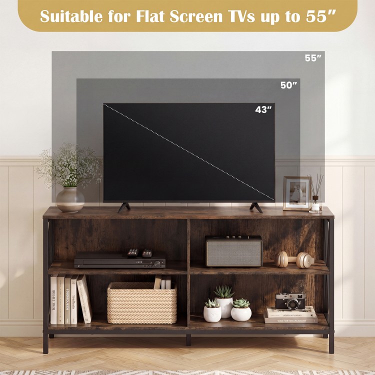 Wooden TV stand in rustic brown for TVs up to 55 inches, featuring open storage compartments and sturdy X-shaped frame.