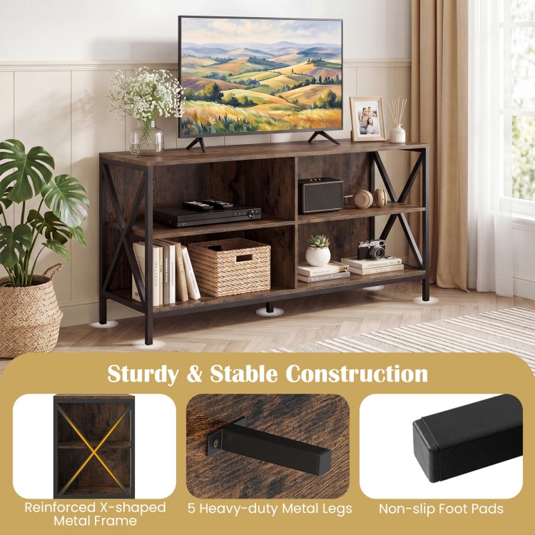 Wooden TV stand in rustic brown with X-shaped frame, designed for TVs up to 55 inches, featuring ample storage space.
