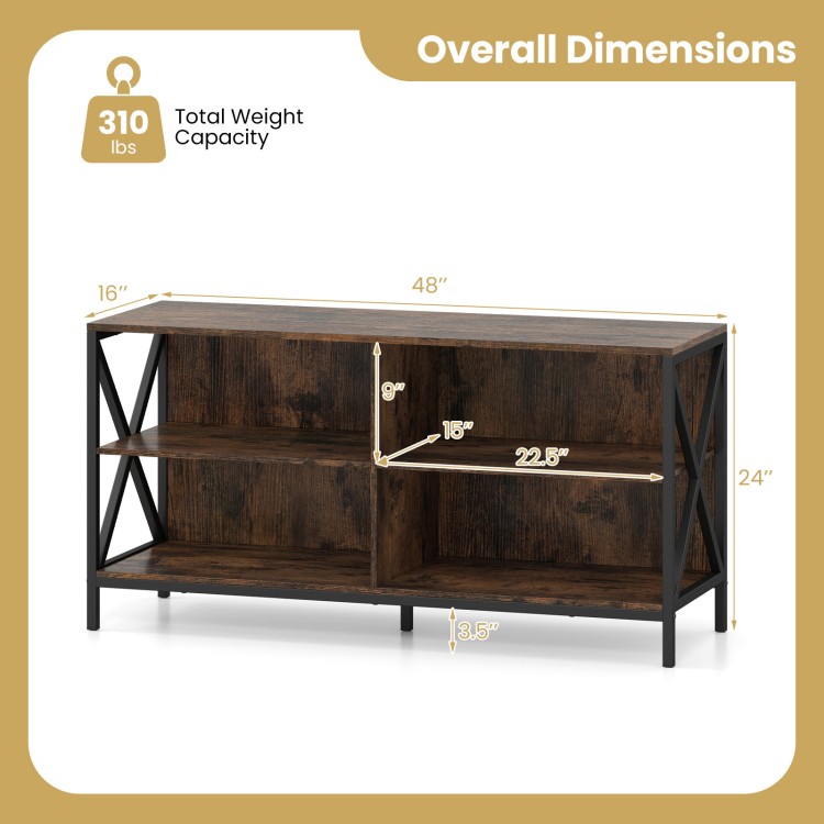 Wooden TV stand with X-shaped frame in rustic brown, featuring open compartments and dimensions for TVs up to 55 inches.