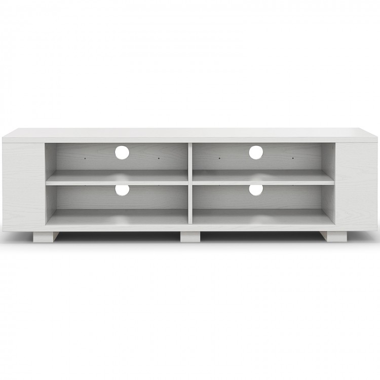 Wooden TV stand with 8 open shelves in white, designed for TVs up to 65 inches, featuring cable management holes.