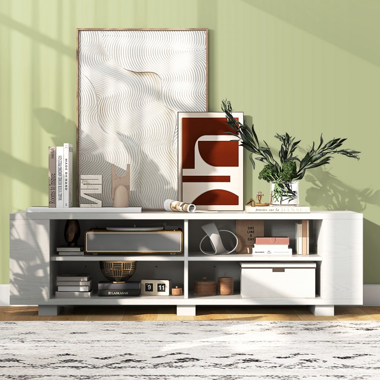 White wooden TV stand with 8 open shelves, designed for TVs up to 65 inches, perfect for modern living rooms.