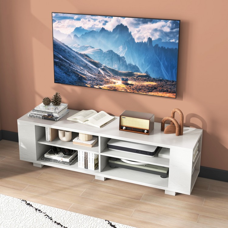 Wooden TV stand with eight open shelves, designed for TVs up to 65 inches, featuring a modern white finish.