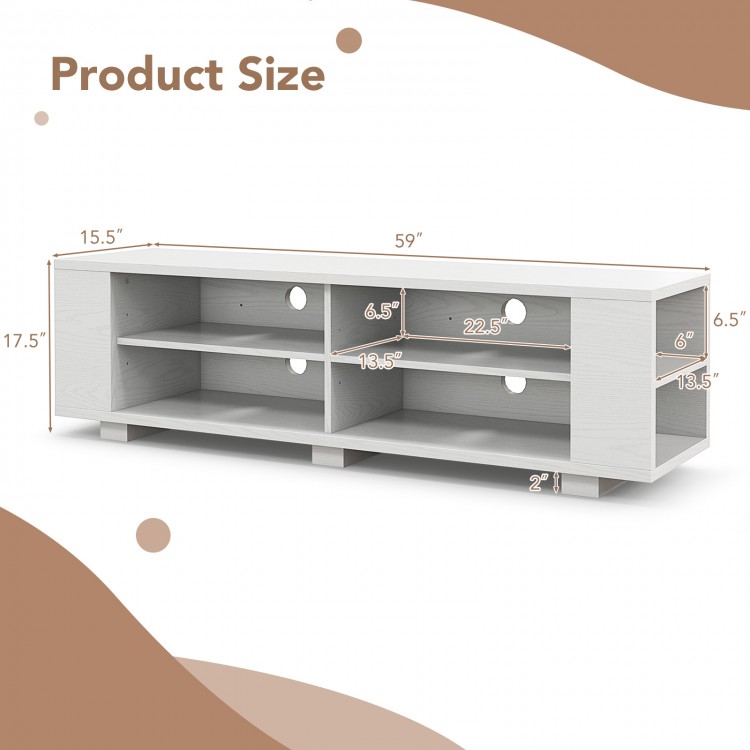 Wooden TV stand dimensions with open shelves, designed for TVs up to 65 inches, featuring cable management holes.