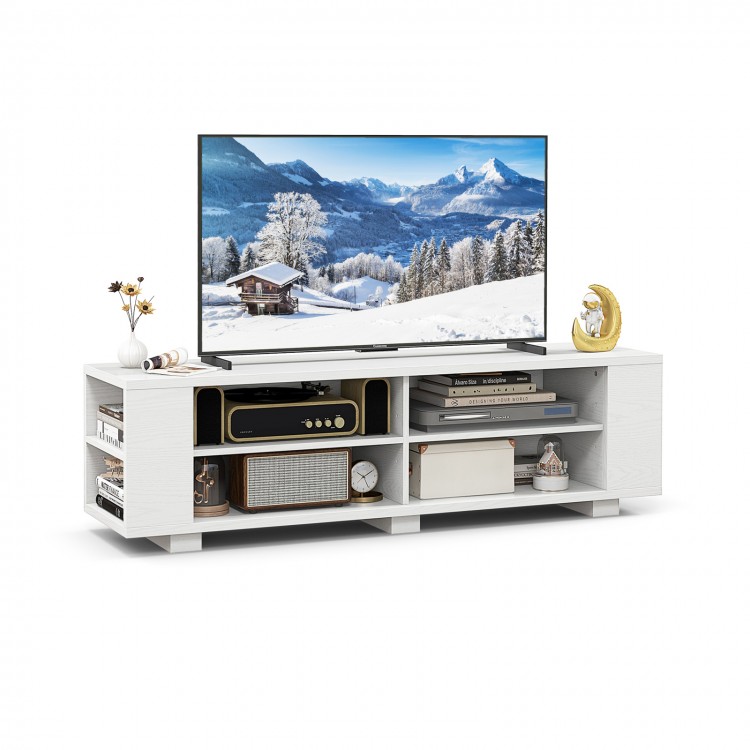 White wooden TV stand with a modern design, featuring an adjustable shelf and spacious open storage for TVs up to 65.