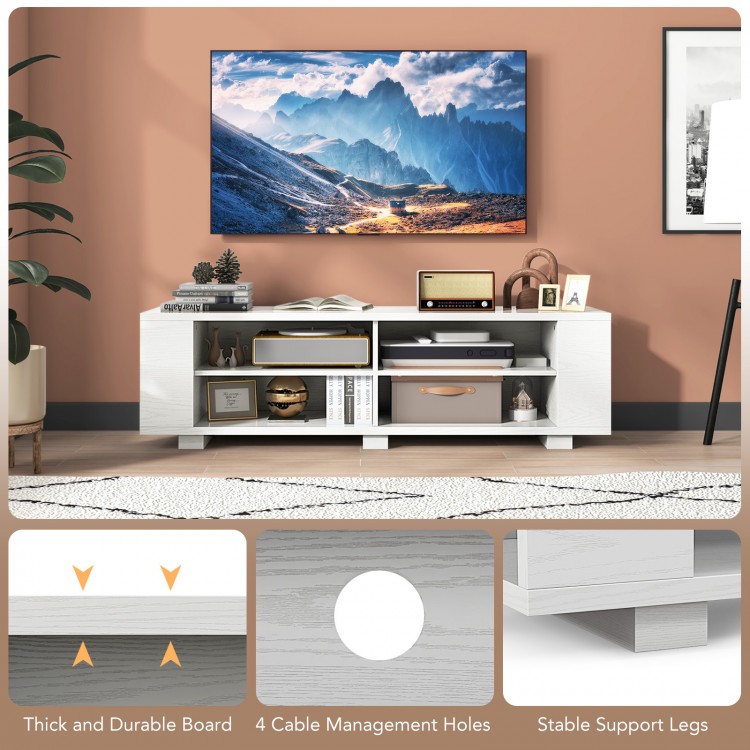 White wooden TV stand featuring sturdy support legs and four cable management holes, designed for TVs up to 65 inches.