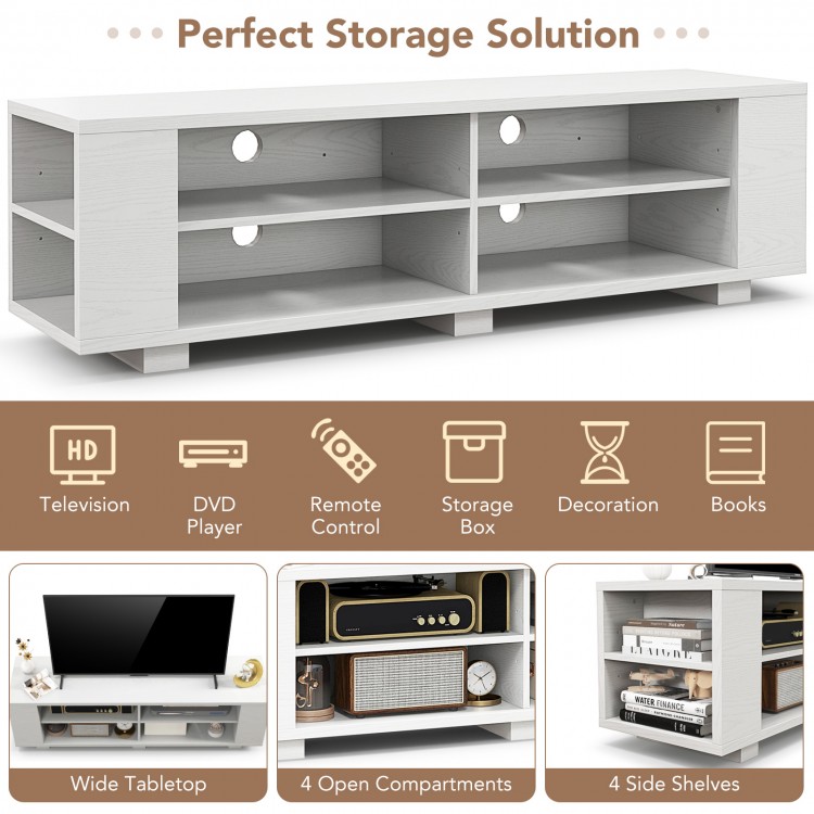 Wooden TV stand in white with 8 open shelves, designed for TVs up to 65 inches, perfect for living room storage.