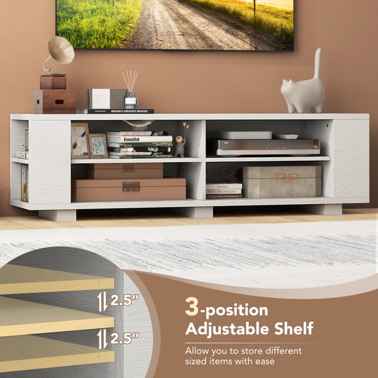 Wooden TV stand with eight open shelves, adjustable shelf, and modern design for TVs up to 65 inches in white finish.
