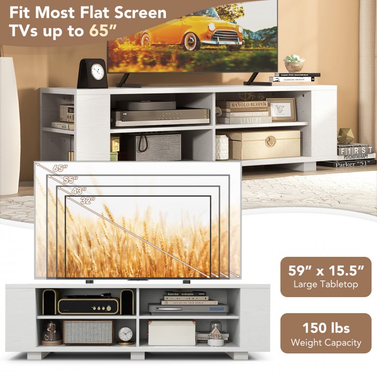 Wooden TV stand in white with 8 open shelves, 59" long, for TVs up to 65", ideal for modern living room decor.
