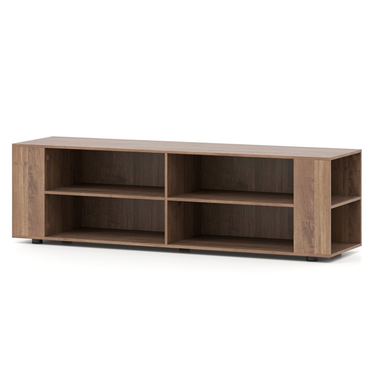 Wooden TV stand with 8 open shelves, light gray finish, designed for TVs up to 65 inches, ideal for modern living.