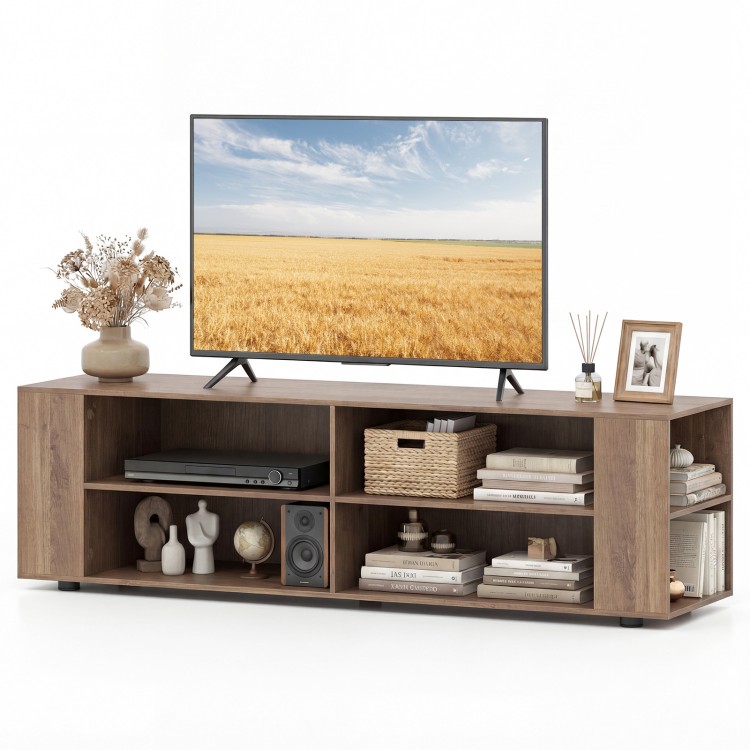 Wooden TV stand with eight open shelves, light gray finish, accommodating TVs up to 65 inches, ideal for living room.