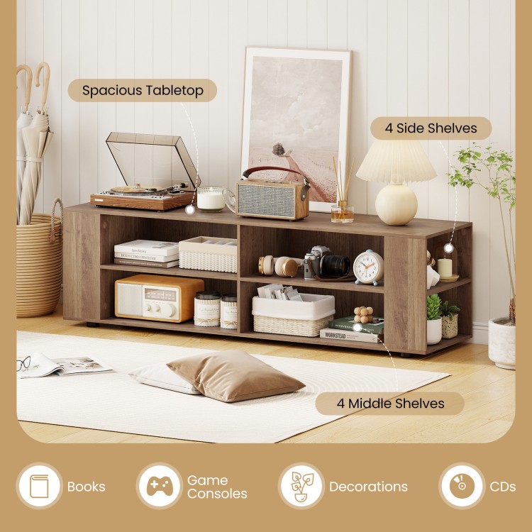Wooden TV stand in light gray with 8 open shelves, ideal for TVs up to 65 inches, perfect for living room storage.